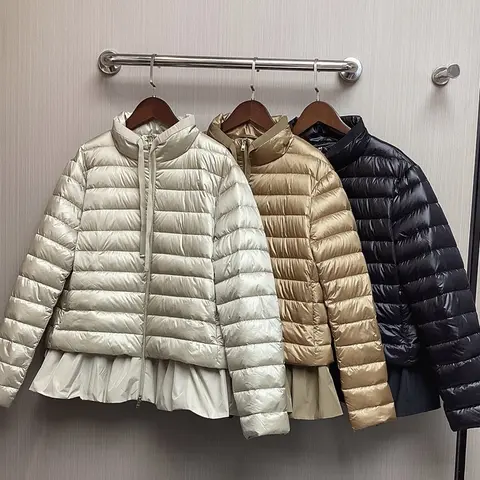 Women Lightweight Shiny Puffer Jacket Stand Collar Zip‑Up Ruffle Hem Short Down Coat Casual Loose Outerwear For Fall Winter