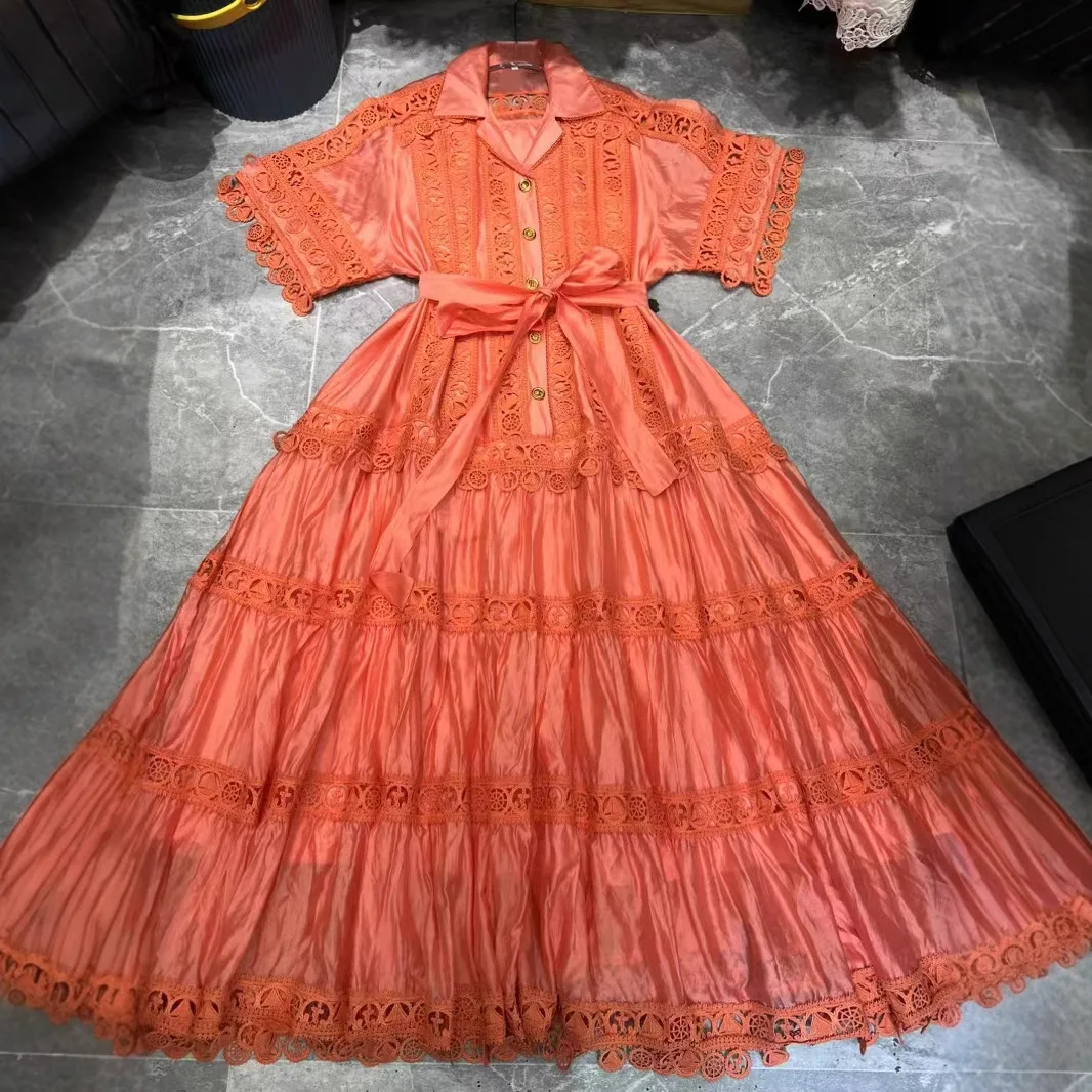 Luxury Hollow Out Long Dresses Women 2025 Summer Holiday Single Breasted Ruffle Lace Embroidery Loose Big Size Evening Vestidos