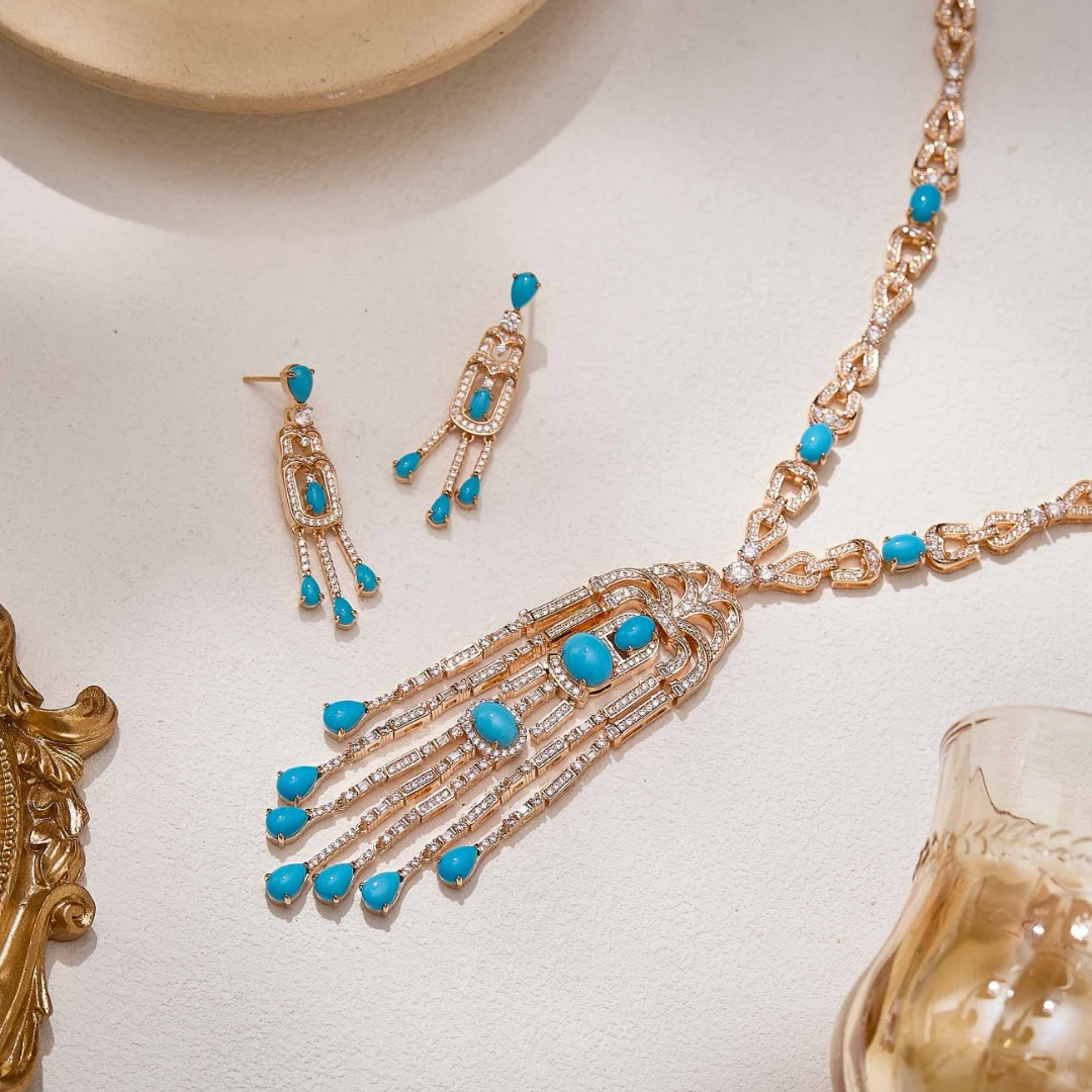 

Luxury Fashion Saudi Arabia BlueTassel AAA Zirconia Long Necklace Earrings Sweater Chain For Women Wedding Party Jewellry Set