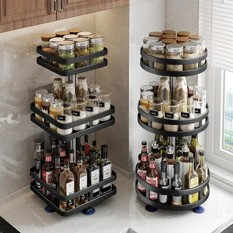 

360°Rotation Spice Storage Rack Non-slip Kitchen Storage Tray for Seasonings and Spices Jar Cans Multi-layer Kitchen Accessories