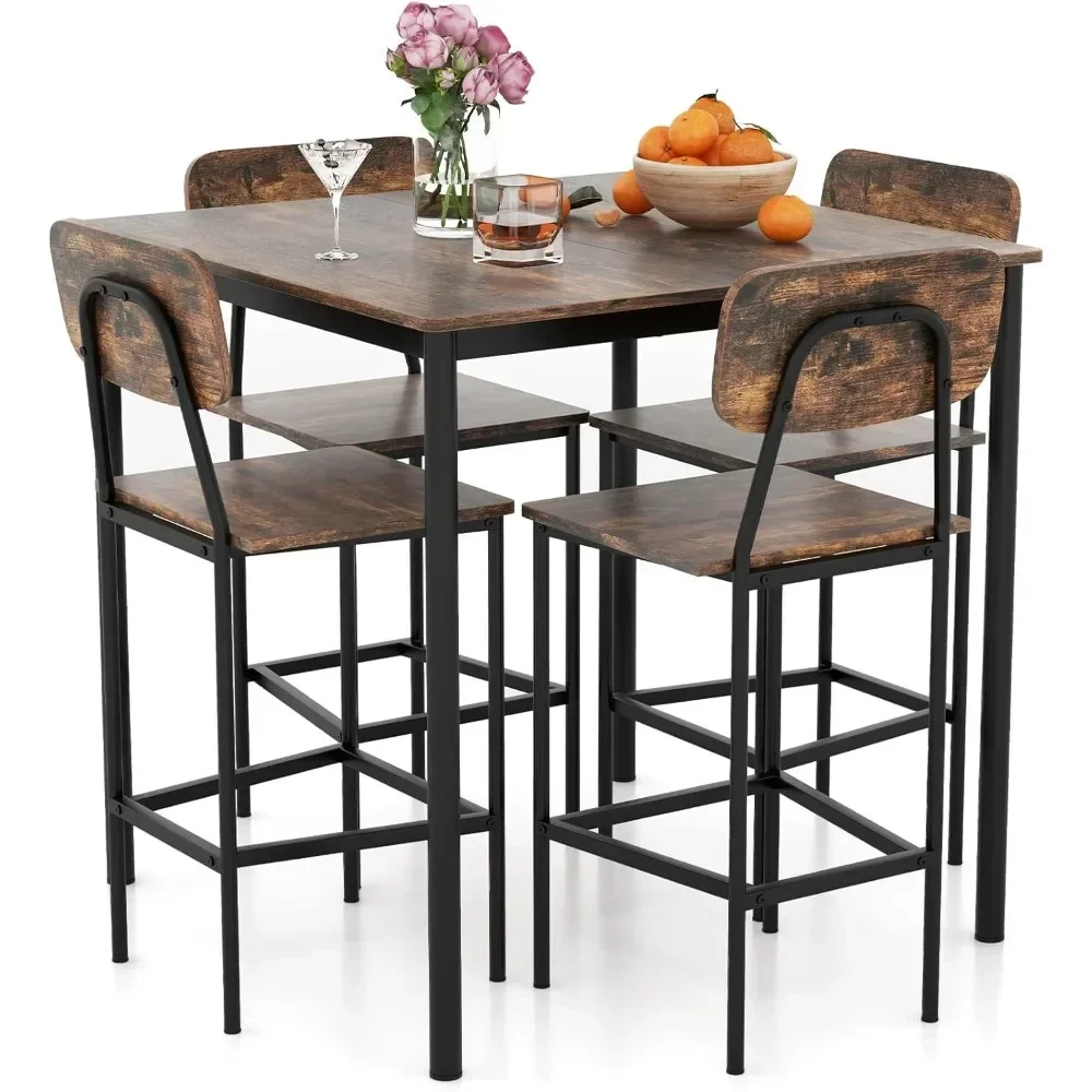 5-Piece Dining Table Set W/Counter Height Table & 4 Bar Stools, Industrial Kitchen Dining Set W/Footrest & Backrest