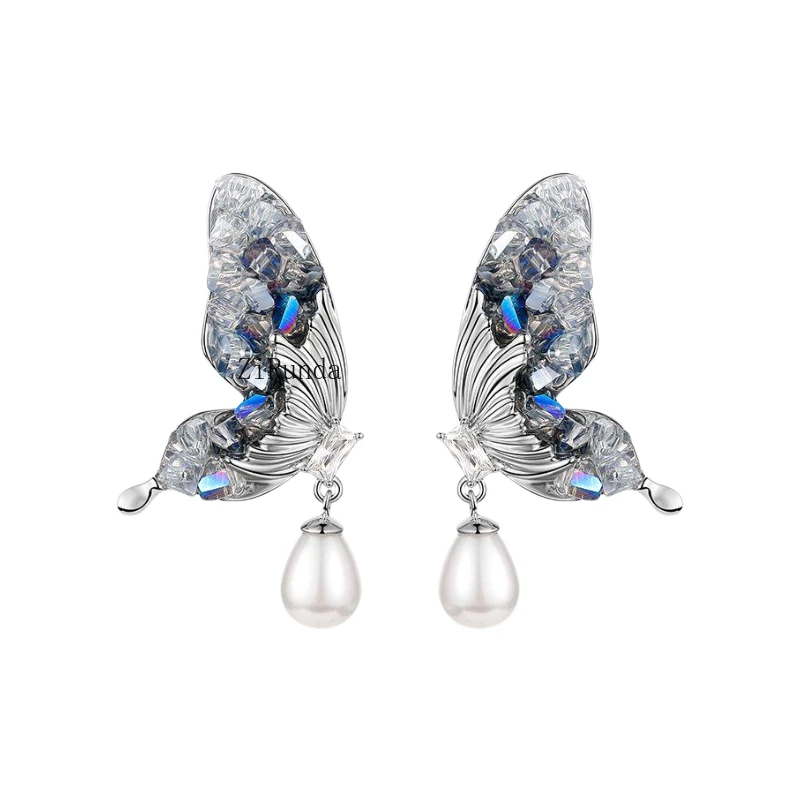 

*Crystal butterfly pearl drop stud earrings, light luxury, niche design, temperament earrings