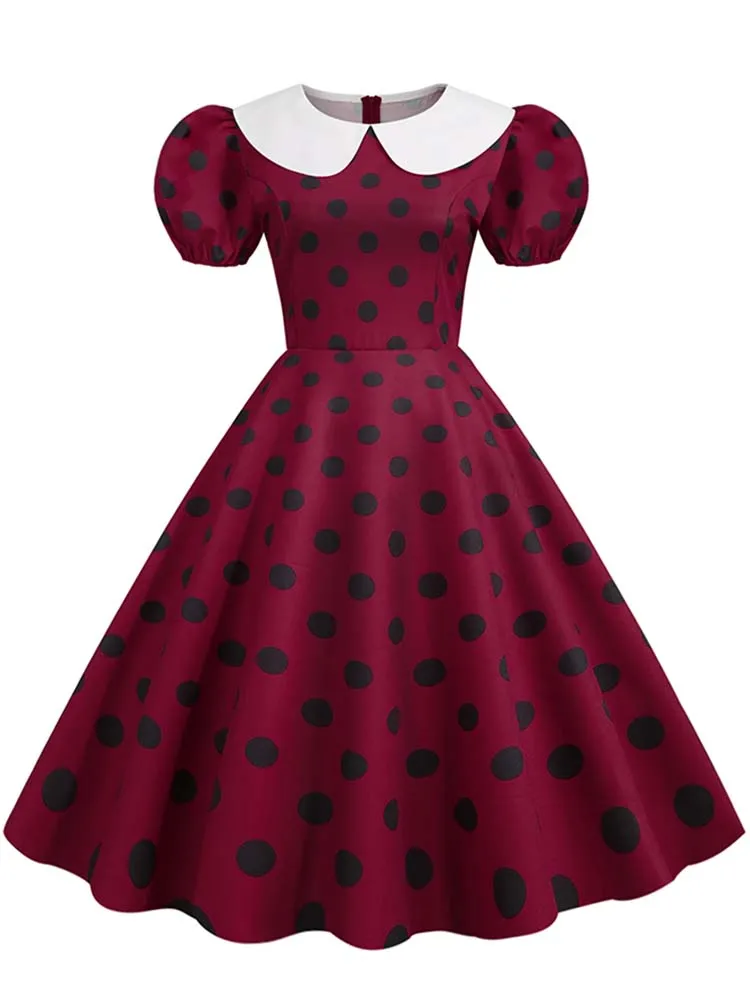 Polka Dot Vintage Dress Women Summer Pink Rockabilly Office Party Dress Casual Peter Pan Collar Sundress Vestidos