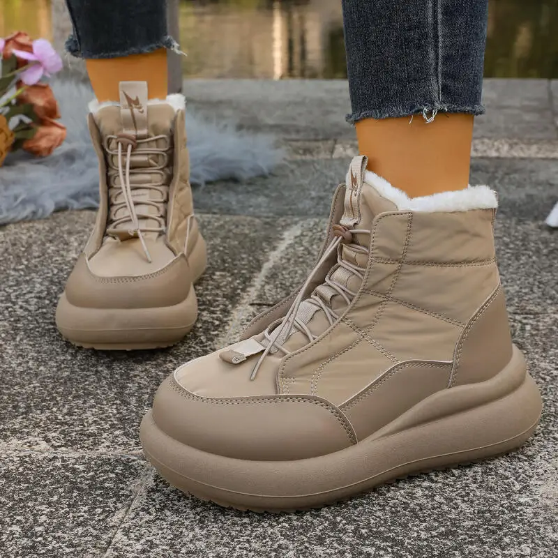 

Warm Long Plush Lace Up Snow Boots Women 2025 Winter Autumn Waterproof Fabric Thick Bottom Ankle Boots Woman's Platform Sneakers