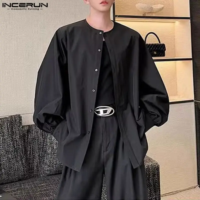 2024 Men Shirt Solid Color O-neck Lantern Long Sleeve Button Casual Men Clothing Loose Streetwear Fashion Shirts S-5XL INCERUN