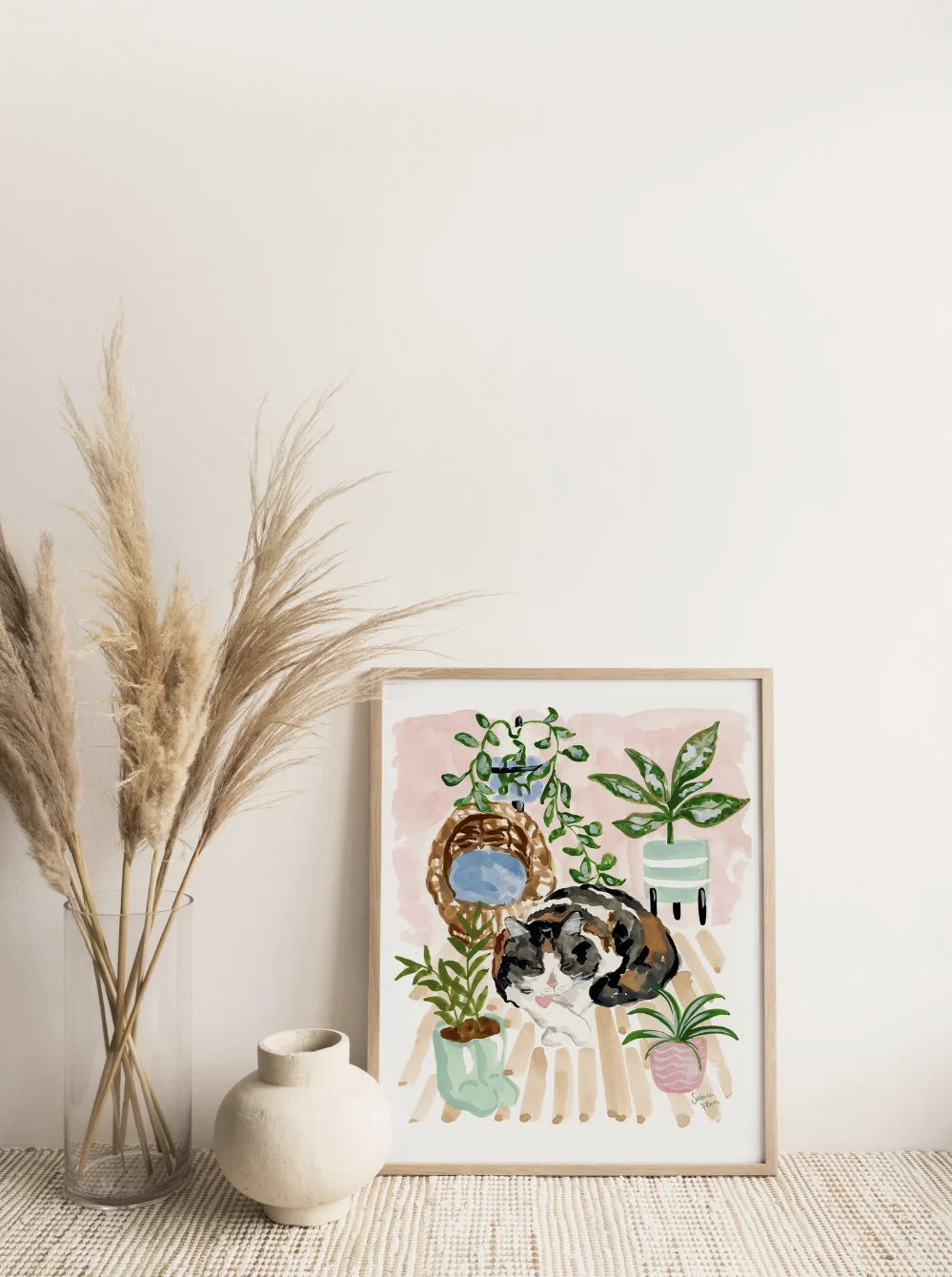 Cute Sleeping Calico Cat Green Plant Canvas Wall Art Poster, Soft Pink Watercolor Prints Decor for Bedroom Kitchen Farmhouse