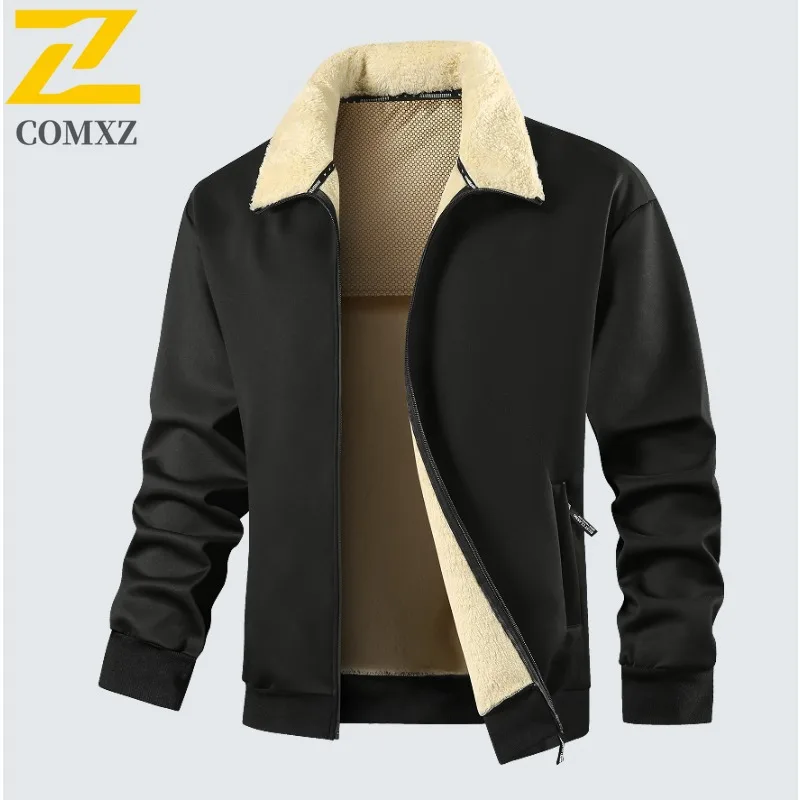 COMXZ Premium Mens Jacket Luxury Notch Lapel Shearling Outdoor Travel Anti-Cold Coat Street Style Lightweight Autumn Winter Wear