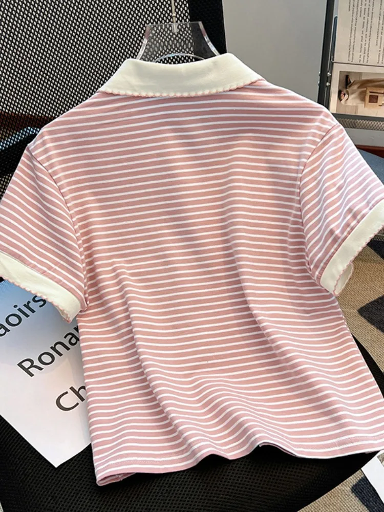 Nowa letnia koszulka damska 2025 w paski, luźny krój, dopasowany, z mieszanki bawełny, styl koreański.