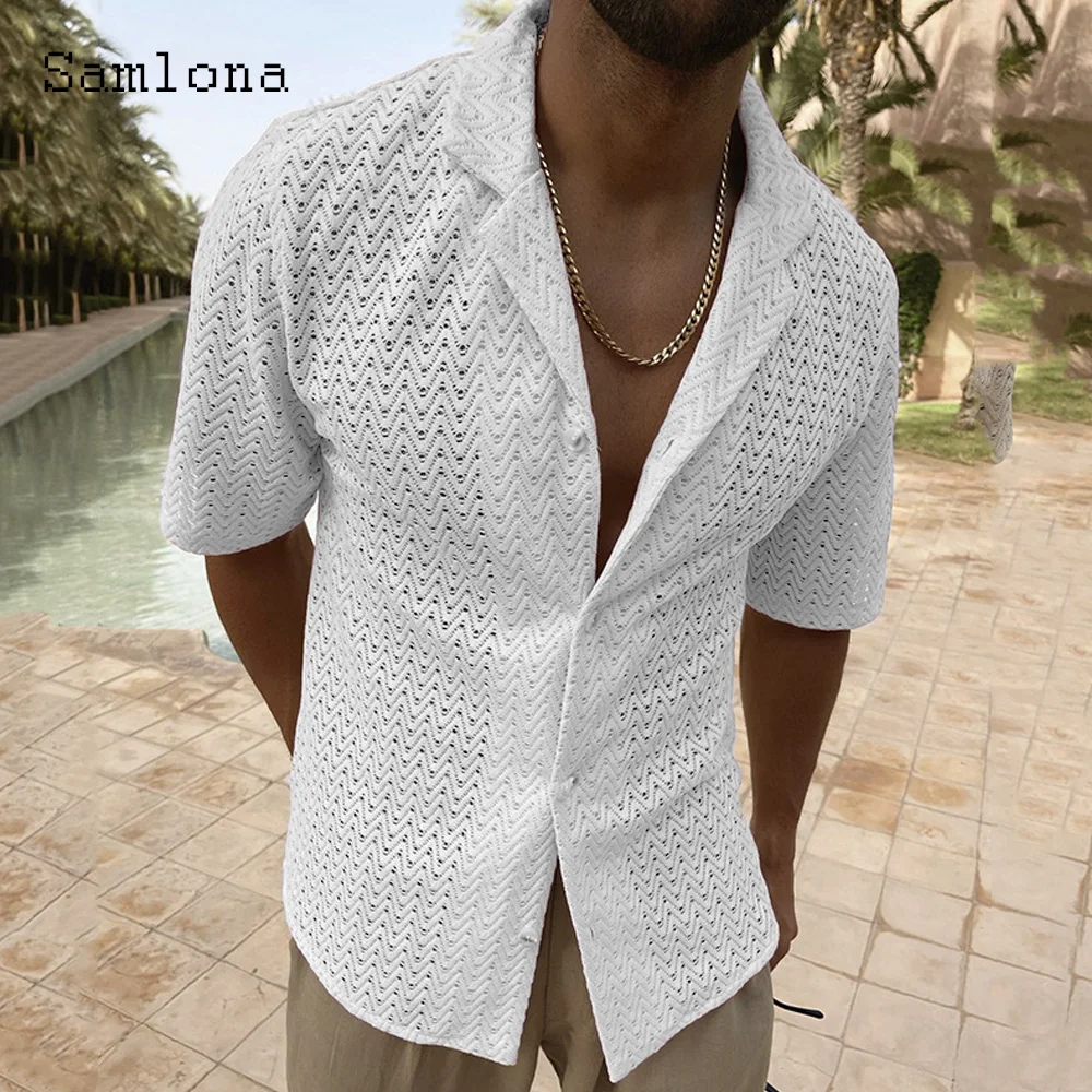 New Sexy Hollow Out Shirts Blouse Men Notched Tops Solid White Knitted Pullovers Plus Size Mens Casual Beach Shirt Clothing 2025