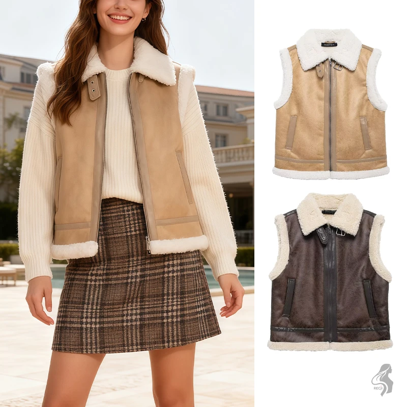 

Fashionable Womens Vest Zip Up Sleeveless Lapel Buckle Plush Lined Comfortable And Versatile Vest Jacket For Everyday Wear