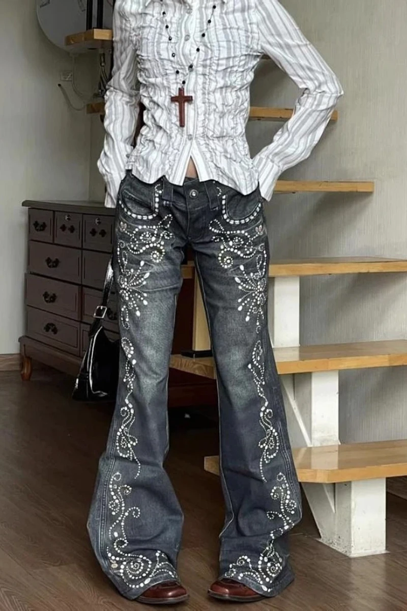 Y2K Vintage Low-Rise Bootcut Jeans Women Distressed Denim Trousers Fashion Design Autumn Winter Style