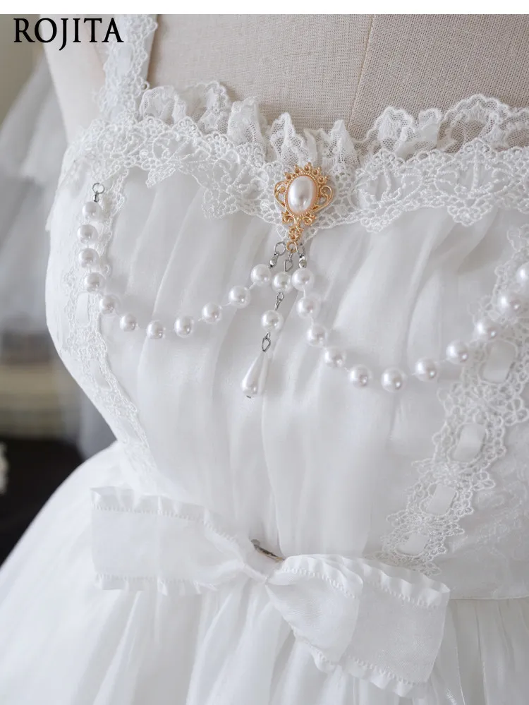 

Sweet White Lolita JSK Dress Tiered Ruffle Chiffon Cake Dress with Bow 2026 Spring Summer New Solid Color Lolita Suspender Dress