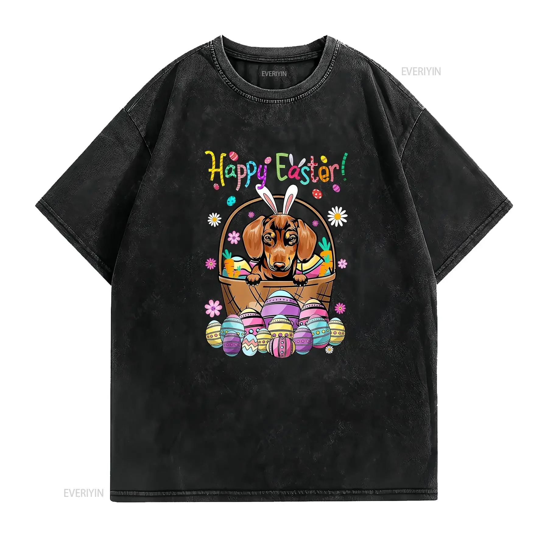 Bunny Dachshund Dog Happy Easter Day with Egg T Shirt Size S 5XL vintage Washed streetwear fashion Top For Everyday Wear