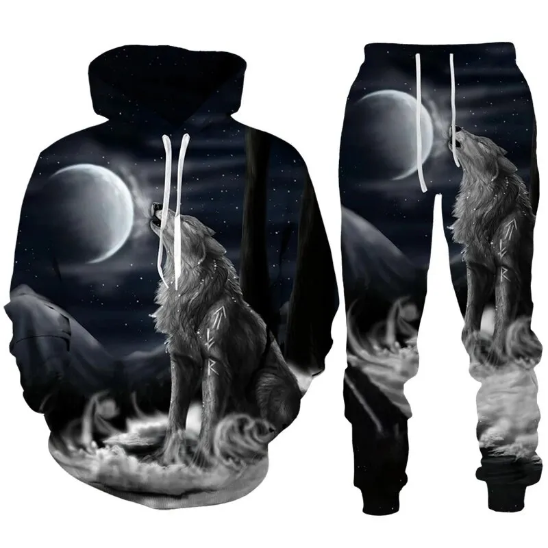 New Wolf Hoodie 3D Printed Hooded Suit Male Autumn Winter Casual Hooded Sweatshirt Sweatpants Tracksuits kids 2pc Set Sport Suit