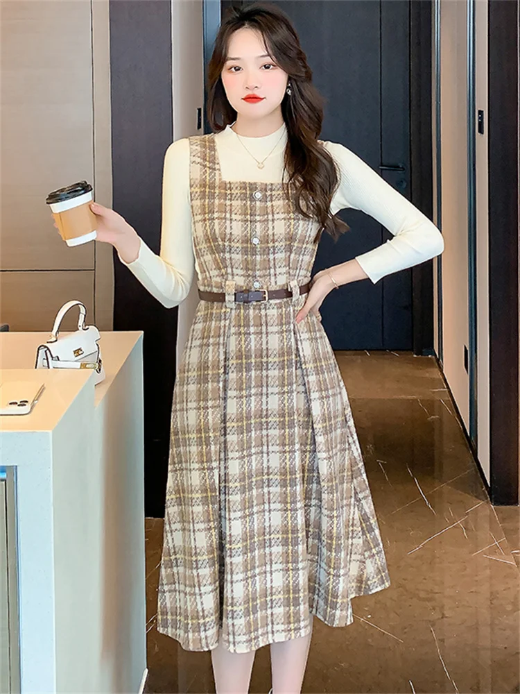 Autumn Winter New Long Sleeves Knitted Pullover Tops + Tweed Blend Plaid Short Dress 2 Piece sets Women Outfits With Belt