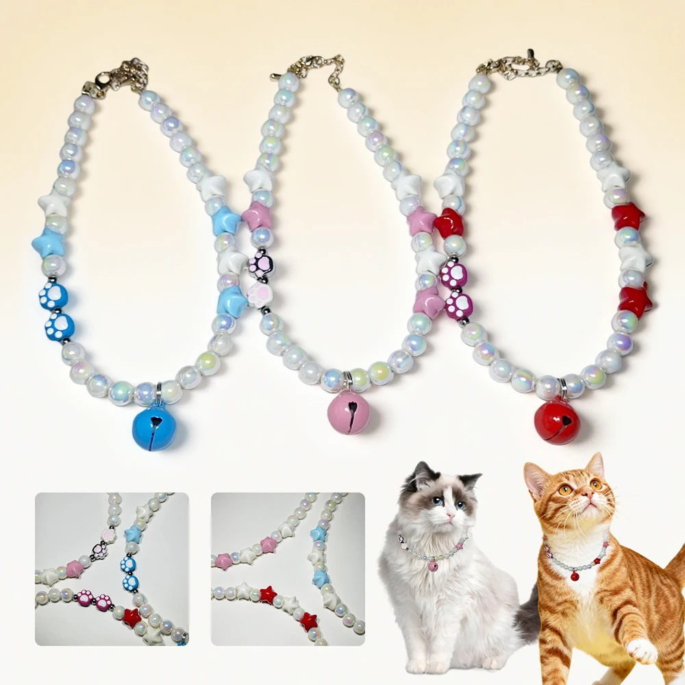 

Cat Collar Pet Elegant Necklace with Bell Puppy Dog Collar Star Shape Paw Print Choker for Kitten Gift Accessories Pink Blue Red