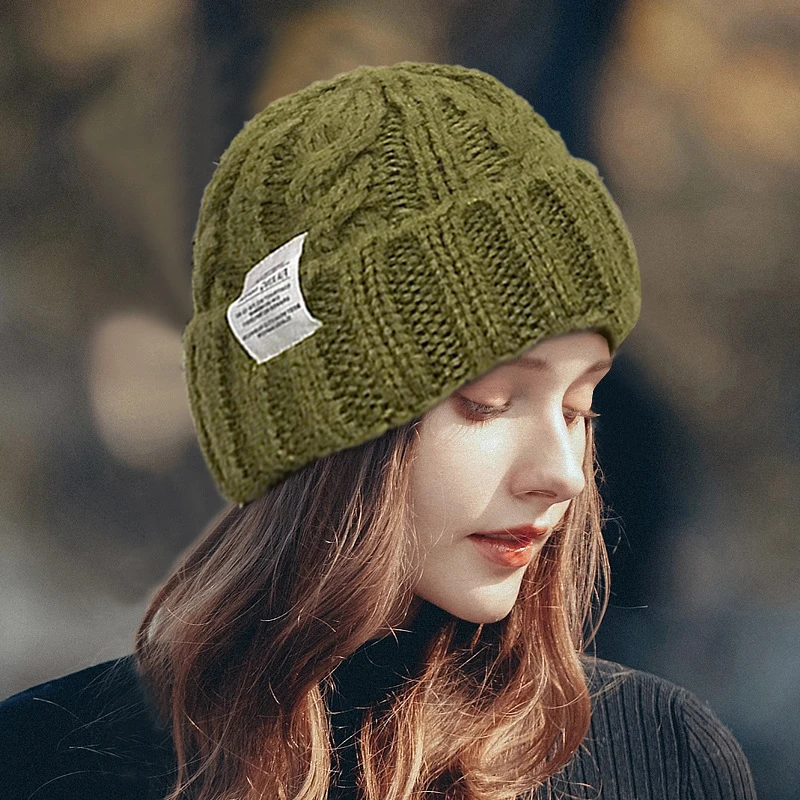 Women Winter Hat Warm Beanie Hats Thicken Knit Head Cap Solid Color Wool Couple Cap Fashion Twist Female Bonnet Adult Cover