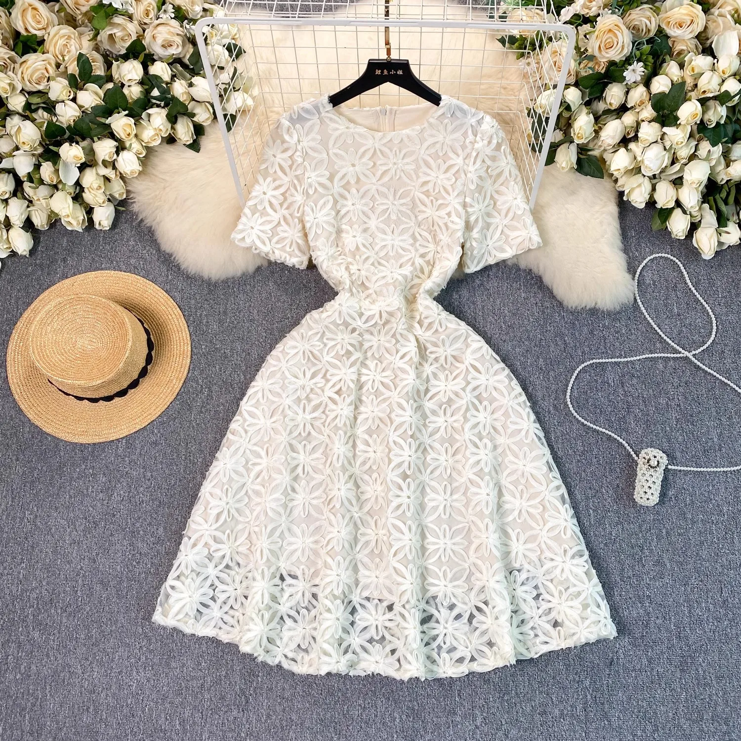 Elegant Mesh Embroidery Flower Summer Dress for Women 2024 New Casual Round neck Lace-up Slim Short Dress Women Clothing