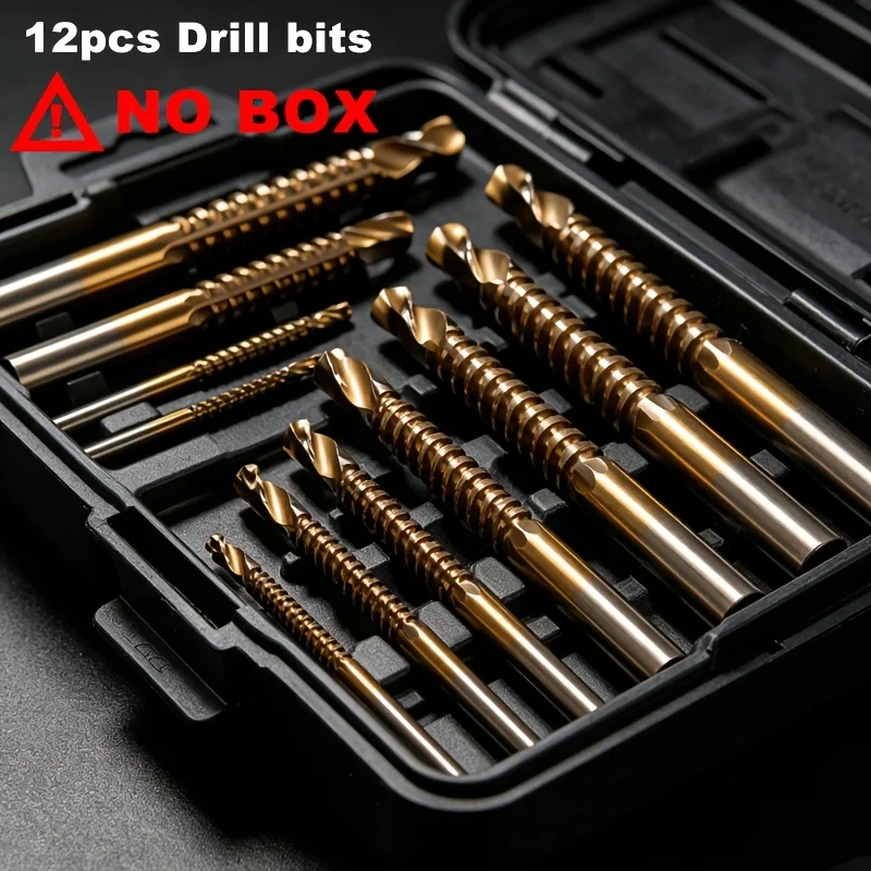 12pc Titanium HSS Saw-Tooth Drill Bit Set M3-M8, 3-in-1 Drill Cut Slot, Sharp Edge for Metal Wood Plastic Woodworking