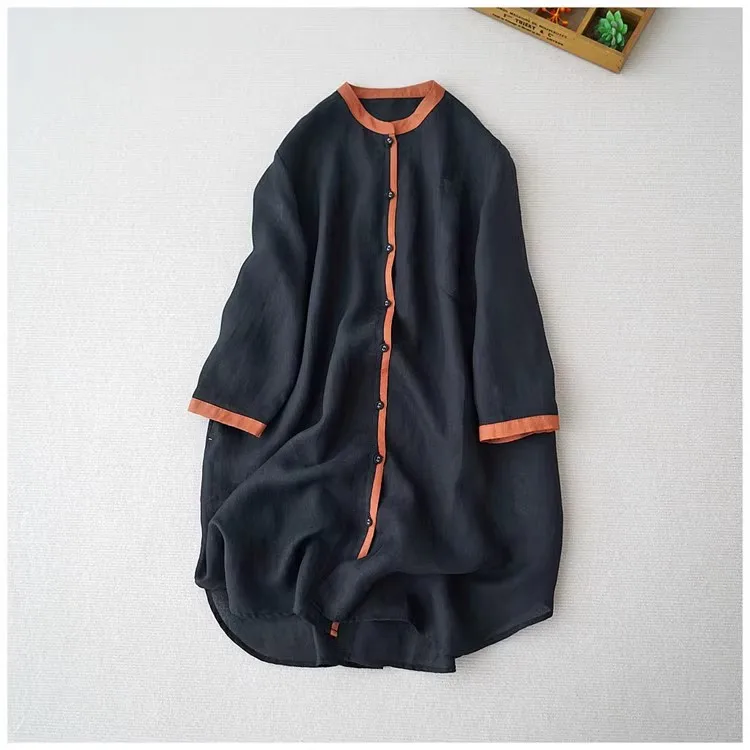 ゆったりとしたカジュアルなミドル丈の女性用春秋カラーブロスタンドカラーボタンアップロングスリーブオフィスウェアファッション