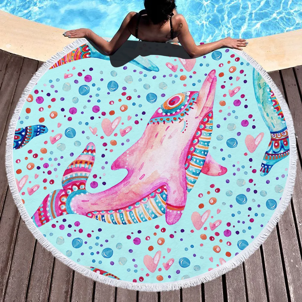 Summer Round Beach Towel Cartoon Fruit Printed Fringed Round Blanket Bath Towel Quick Drying Beach Towels Holiday Supplies