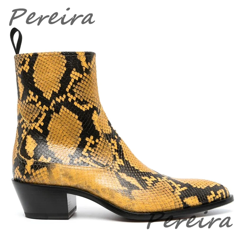 

Snake Pattern Men's Short Boots Pointed Toe Genuine Leather High Heel Chelsea Boots Yellow Red Mixed Colors Trendy Male Booties