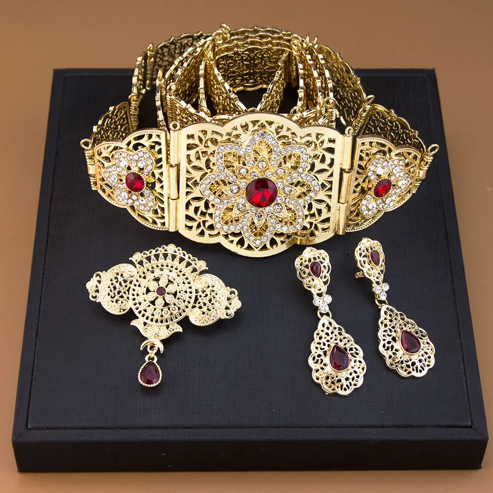 

Золотой цвет, новогодний марокканский кафтан, пояс, серьги, брошь для женщин, кристалл, филигранный стиль, традиционный арабский свадебный бижутерия