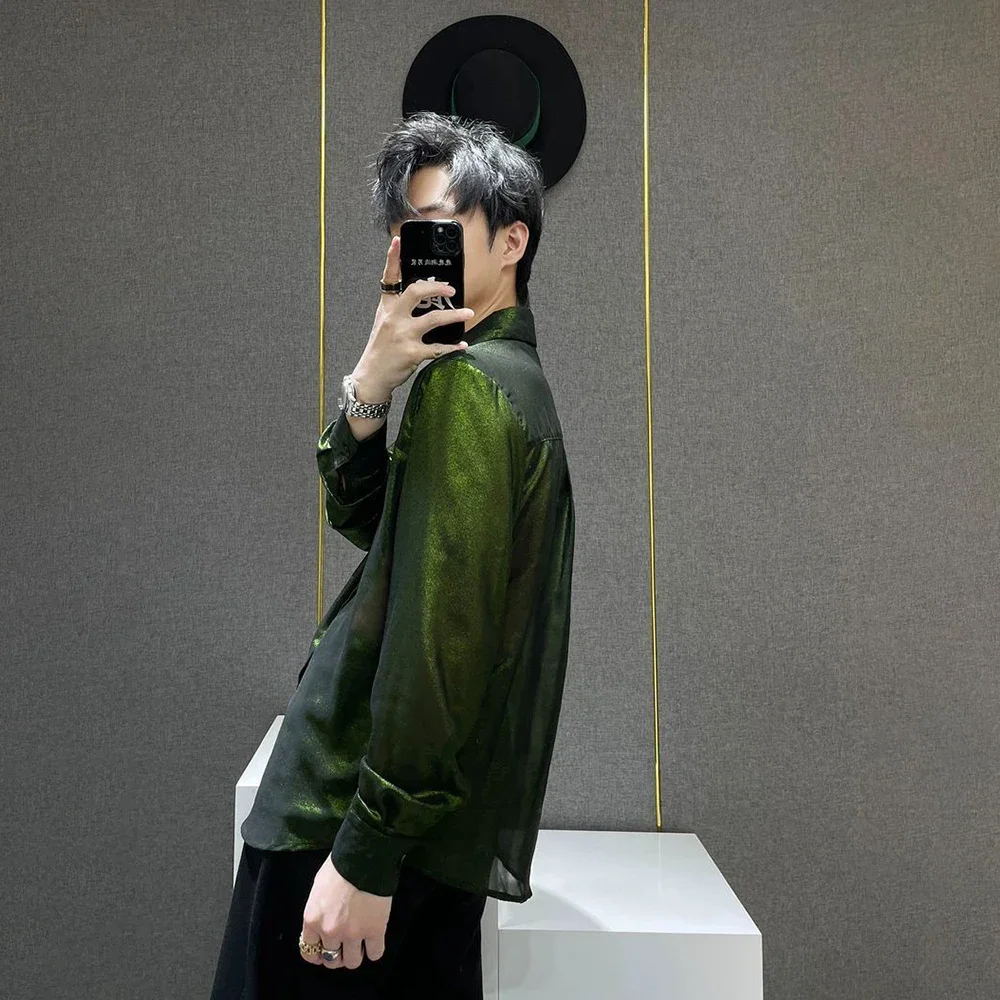Mens Shiny Reflective Green Nightclub Shoulder Pad Shirt Streetwear Fashion Ballroom Stage Performance Top Men'S Clothing 2025