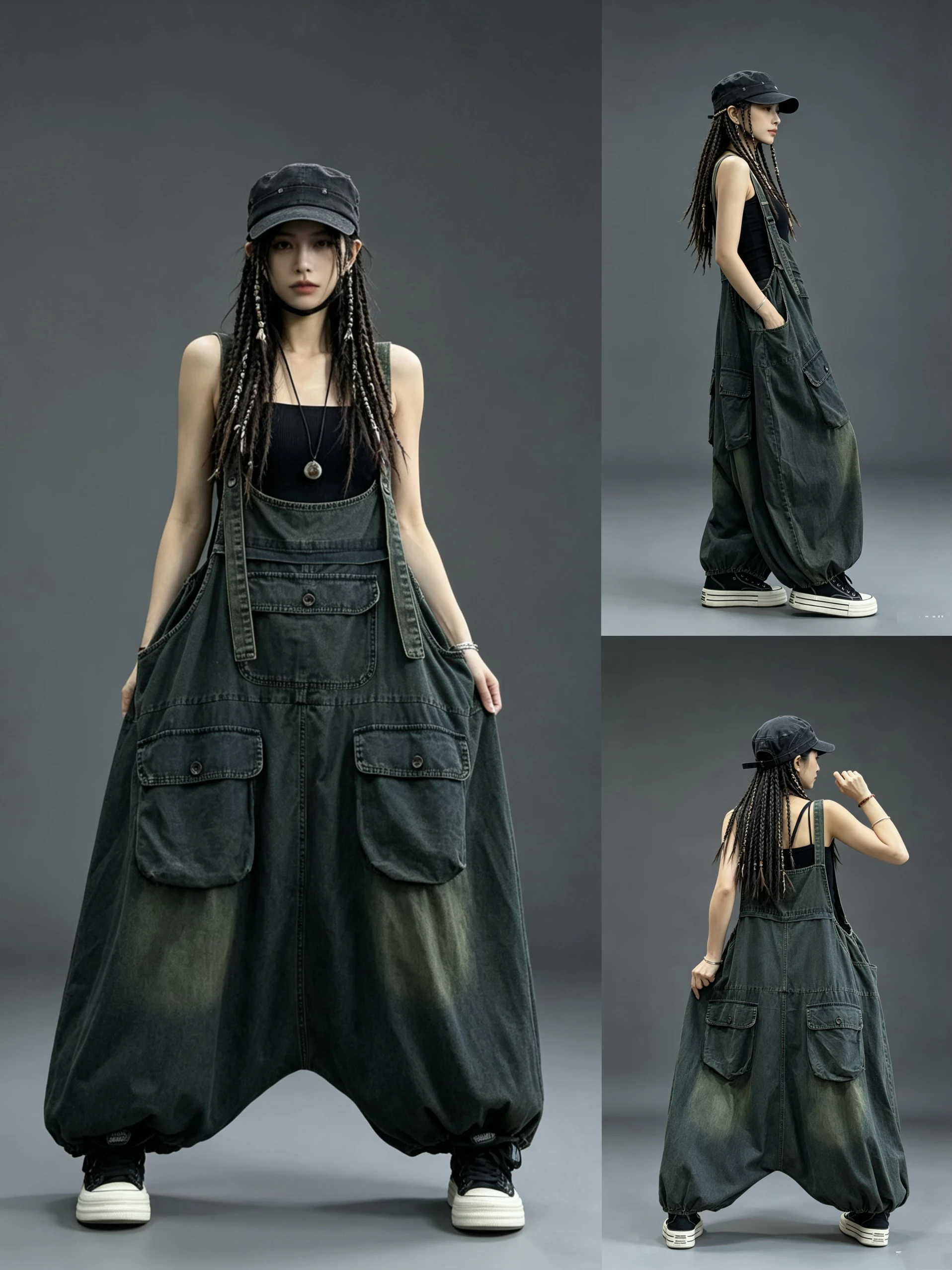 Original Retro Distressed Denim Overalls Women Summer New Loose Casual Large Size One-Piece Pants High Waist Lantern Pants