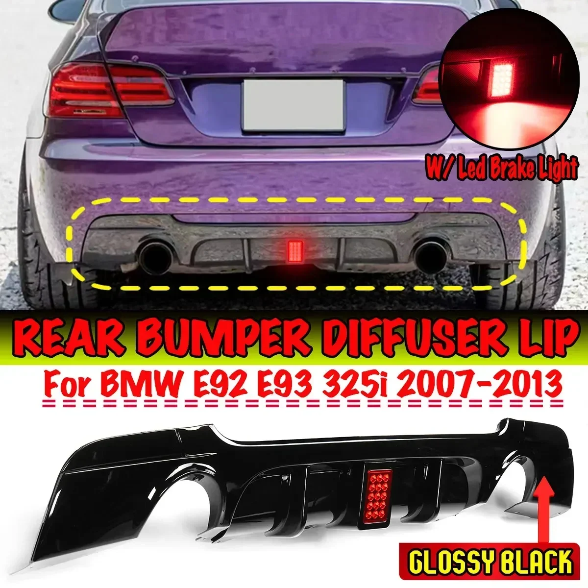 E93 Car Rear Bumper Diffuser Lip w/LED Brake Light For BMW E92 E93 325i M Sport 2007-2013 Rear Bumper Protector Guard Body Kit