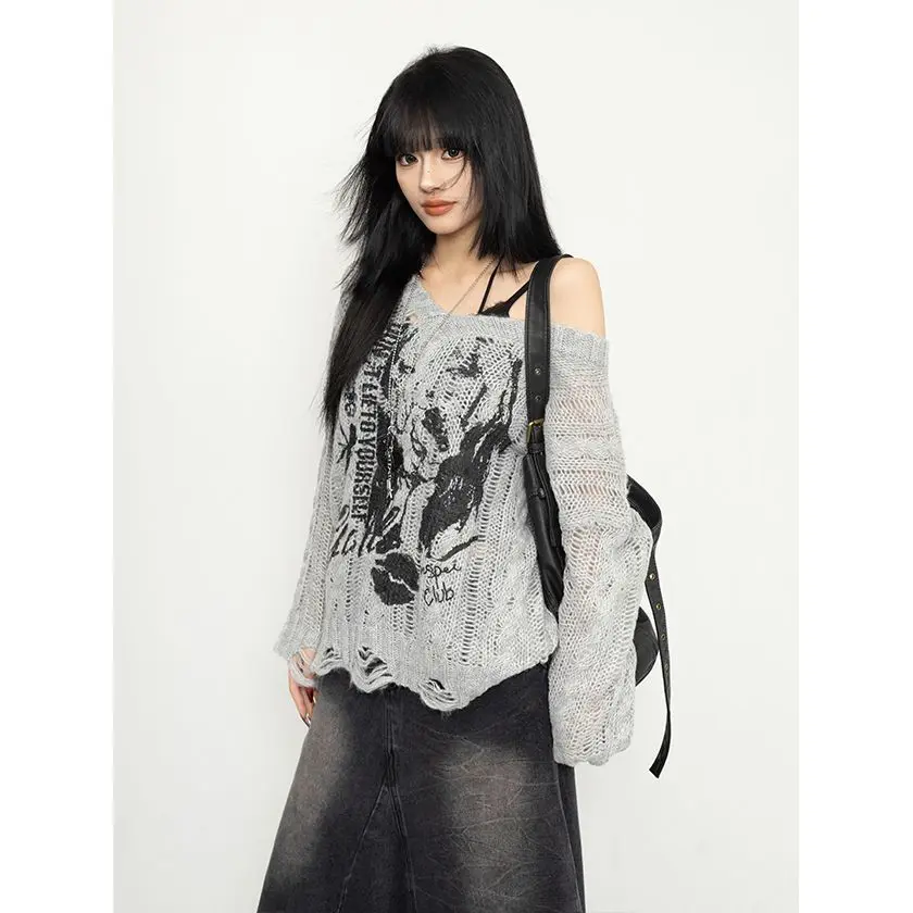 

Spring and autumn American retro v-neck ripped blouse thin top women's long-sleeved t-shirt new hollow knitted sweater