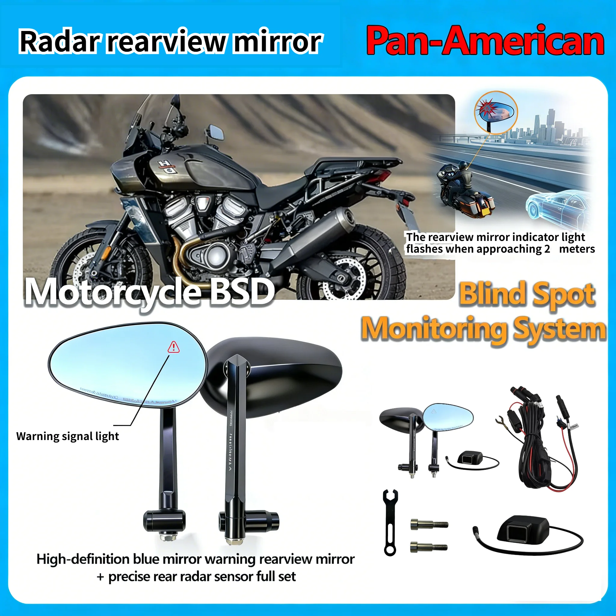 For Harley Pan America High-definition radar rearview mirror with Blind Spot Monitoring Lane Change Alarm Motorcycle Safety Kit