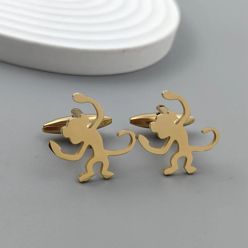 Abotoaduras estilo punk macaco engraçado de aço inoxidável banhado a ouro 18K, botões de camisa francesa prateados, acessórios de casamento para terno