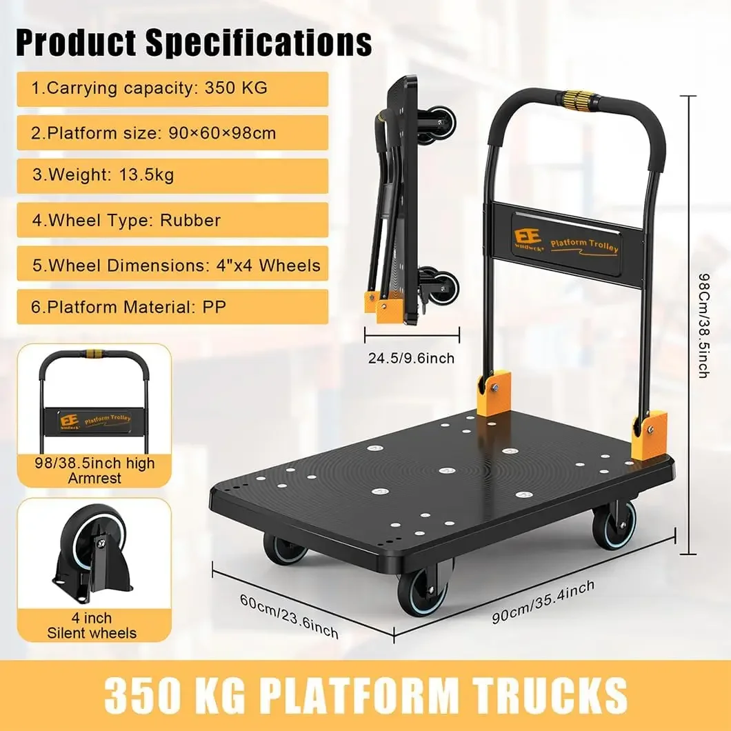 Platform Truck Push Cart with 770 Lbs Capacity, Silent Wheels, One-Handed Folding, Large Flat Hand Truck Trolley for Moving Shop