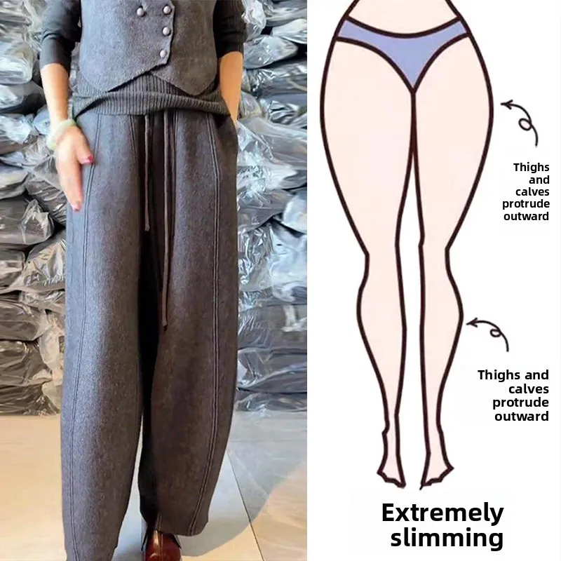 

Gray Casual Wide Leg Pants Women's plus Size Winter New Style Thickened Fleece High Waist Grandmother Pants Straight Cut