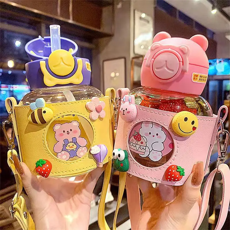 700 Ml Cute Bear Straw Water Bottle for Kids Girls Student Plastic Kettle Portable Large Capacity Leather Cup Sleeve Anti-Fall