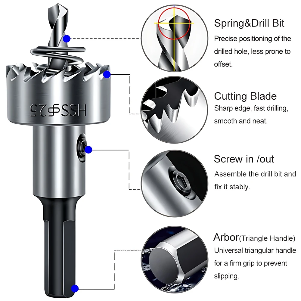 Jeu de scies cloche à pointe en carbure HSS, pour la coupe d'acier inoxydable, alliage métallique 16/18.5/20/25/30mm, outils pour le travail du bois 5 pièces