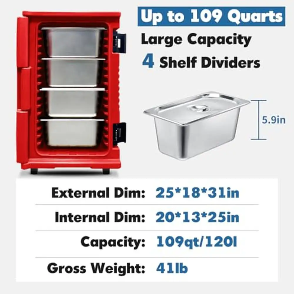 End-Loading Insulated Food Pan Carrier with 4 Wheels Commercial Food Warmer w/4 Stainless Steel Pans & Lid Heat/Cold Resistant