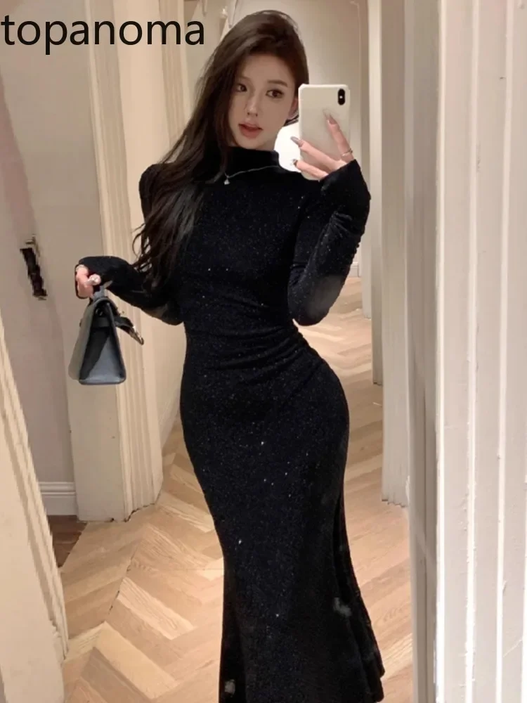 Topanoma Cocktail Mermaid Dresses Women Rhinestone Half High Collar Slim Basic Shiny Evening Dress Banquet Autumn Winter Sexy