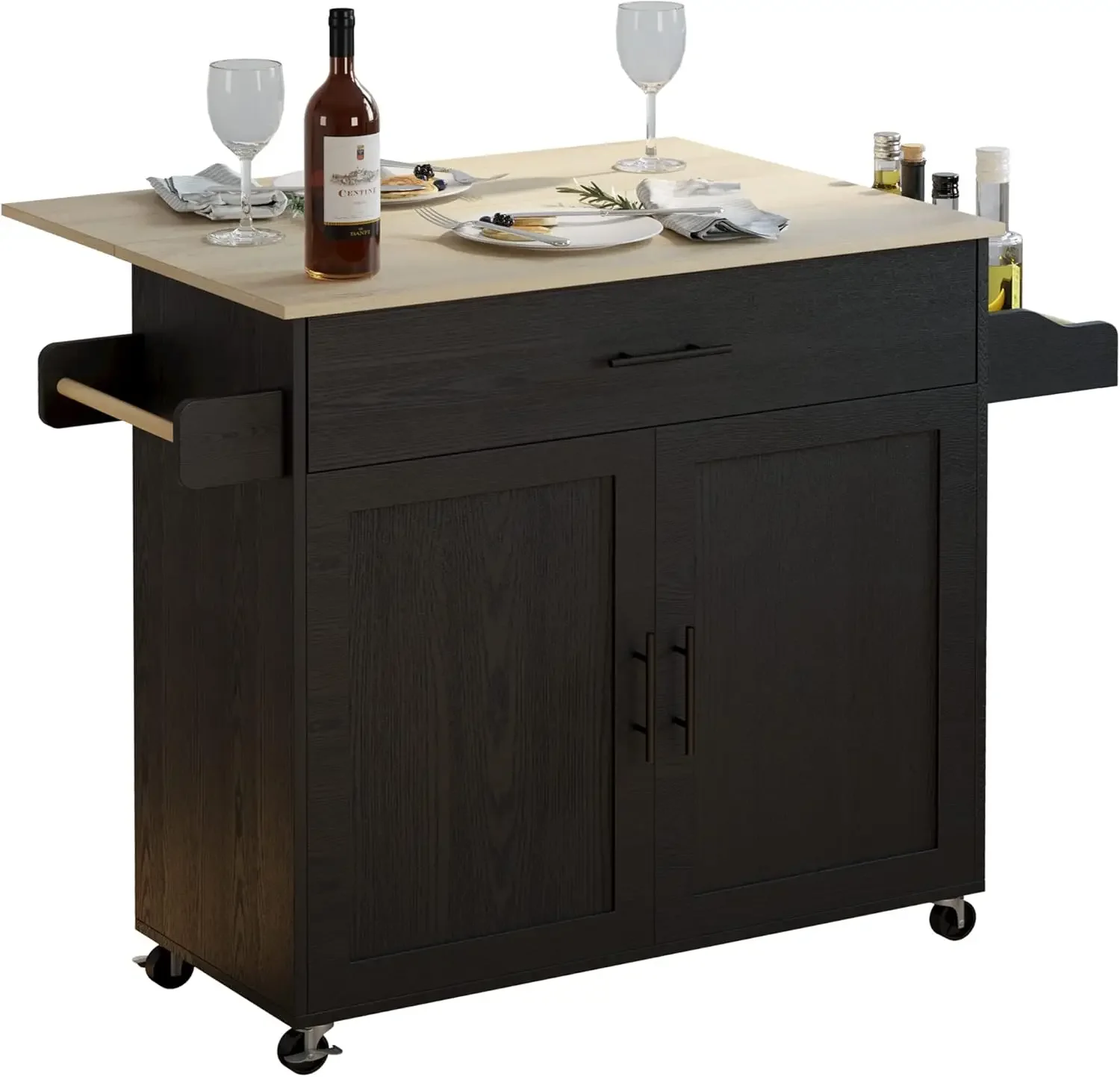 Rolling Kitchen Island Table on Wheels with Drop Leaf, Storage Cabinet, Drawer, Spice/Towel Rack, Kitchen Cart, 47.25