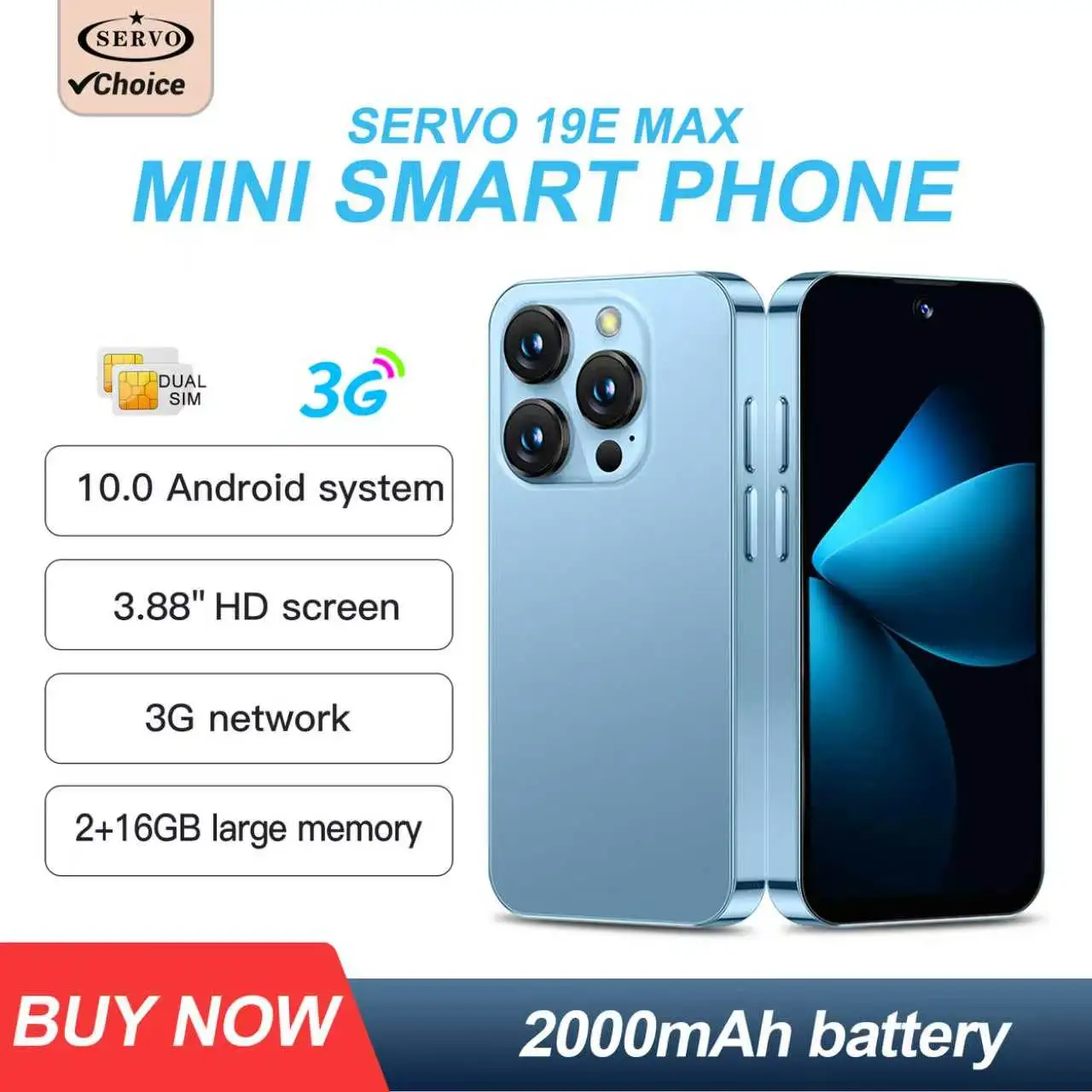 SERVO 19E MAX Android Mini Smartphone 3G WCDMA 2GB+16GB Play Store WhatsAPP Face Unlock Hotspot 2 SIM 3.88'' Pocket Smart Phones