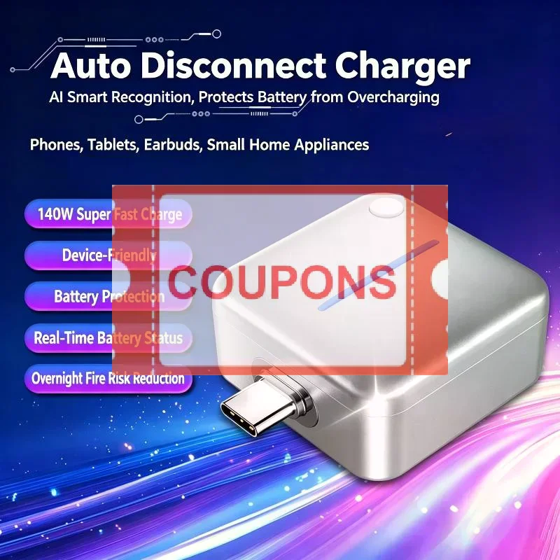 Auto Power-Off Overcharge Protection Type-C Fully Charged Smart Separator 140W PD Fast Charging Fully Charged Power-off Adapter