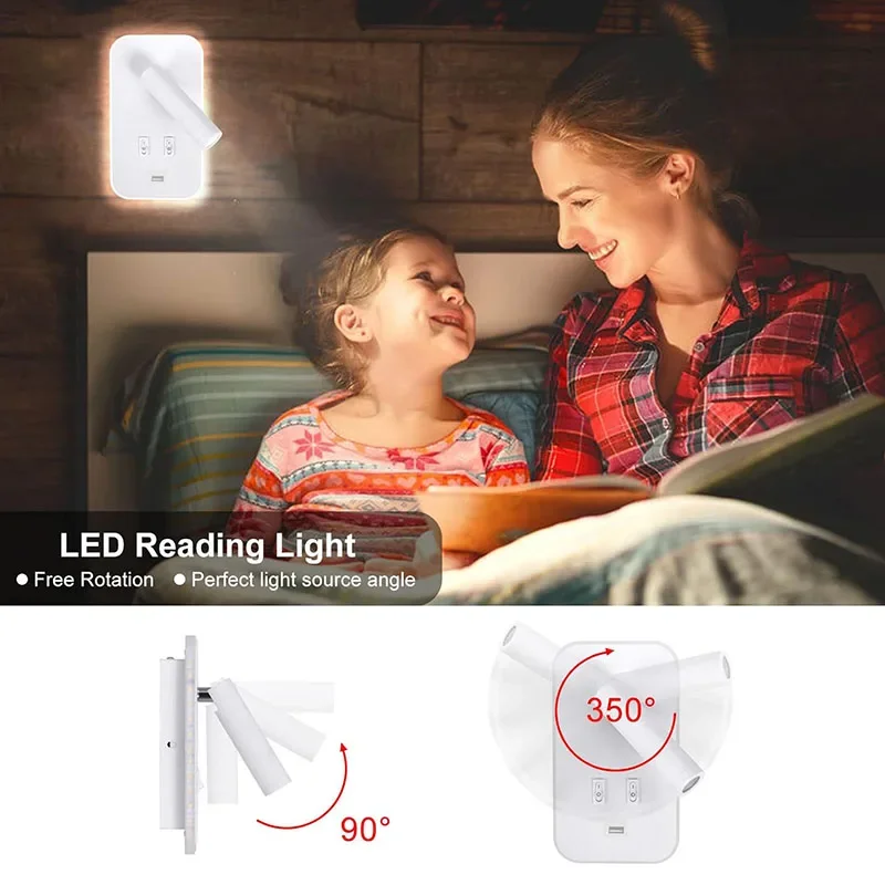 Interruptor de lámpara de pared LED para interiores, luz nocturna de lectura al lado del hogar, decoración de interiores, foco de pared giratorio ajustable con puerto USB