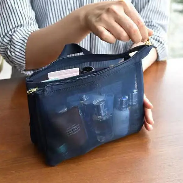 New Solid Color Mesh Storage Bag with Compartment Travel Portable Toiletry Bag Cosmetics Bag Skincare Toiletries Organizer Pouch