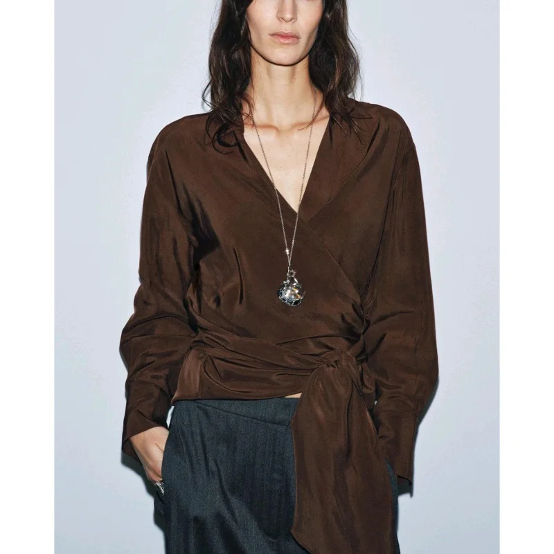 خريف جديد المرأة عادية irt مزدوجة رائع ربطة القوس فيونكة مطوي ort توب خمر Sle فضفاض صالح البوليستر طويل Sve بلوزة #3