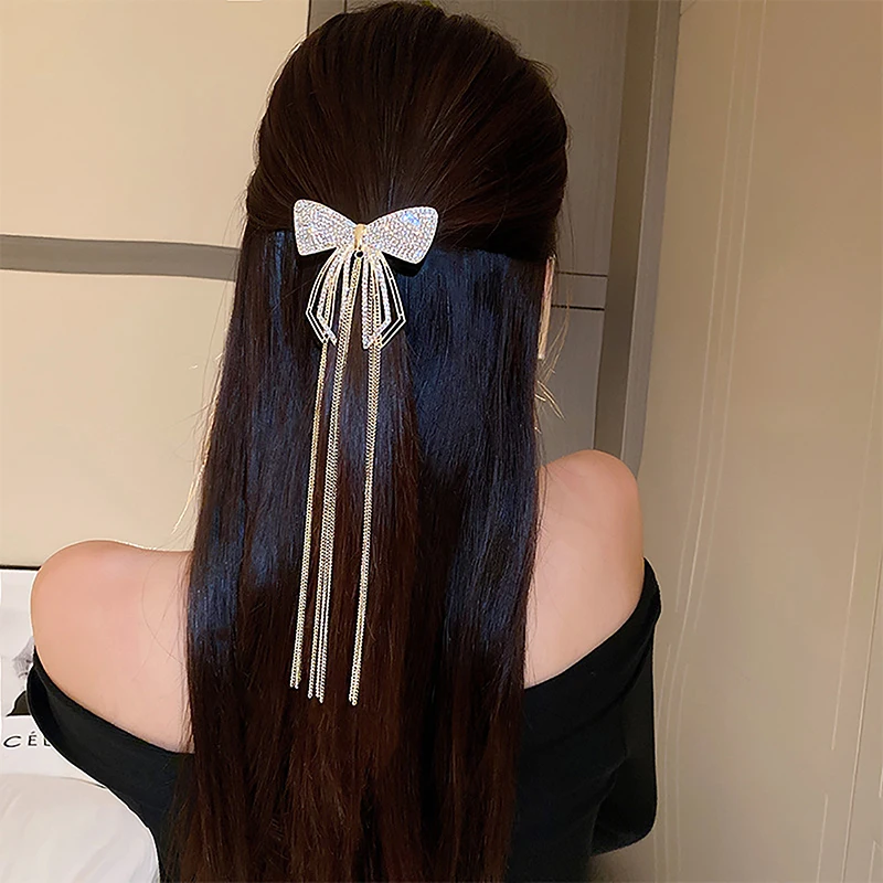 New Fashion Bow Tassel Hair Clips For Women Delicate Sparkly Rhinestone Tassel Hairpin Hair Accessories 2023