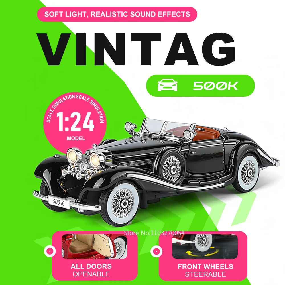 

1:24 500K Rolls-Royce Phantom I Alloy Diecast Model Toys Vintage Car with Sound Light Pull Back Vehices Classic Collection Gifts
