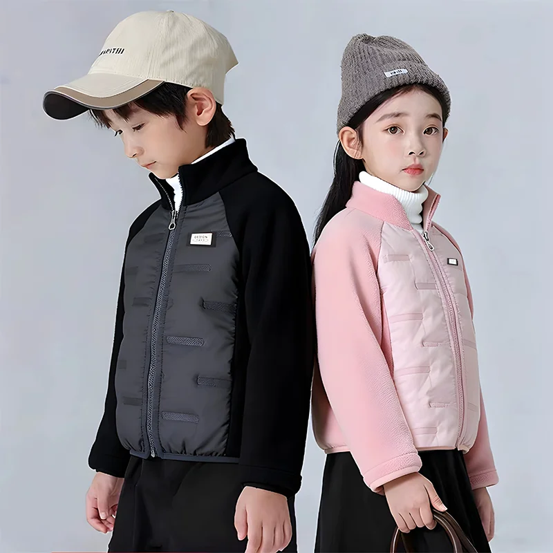 2‑12 Years Kids Stand Collar Spliced Fleece Jacket Autumn Winter Boys Girls Fashion Color Blocking Warm Cotton Outerwear