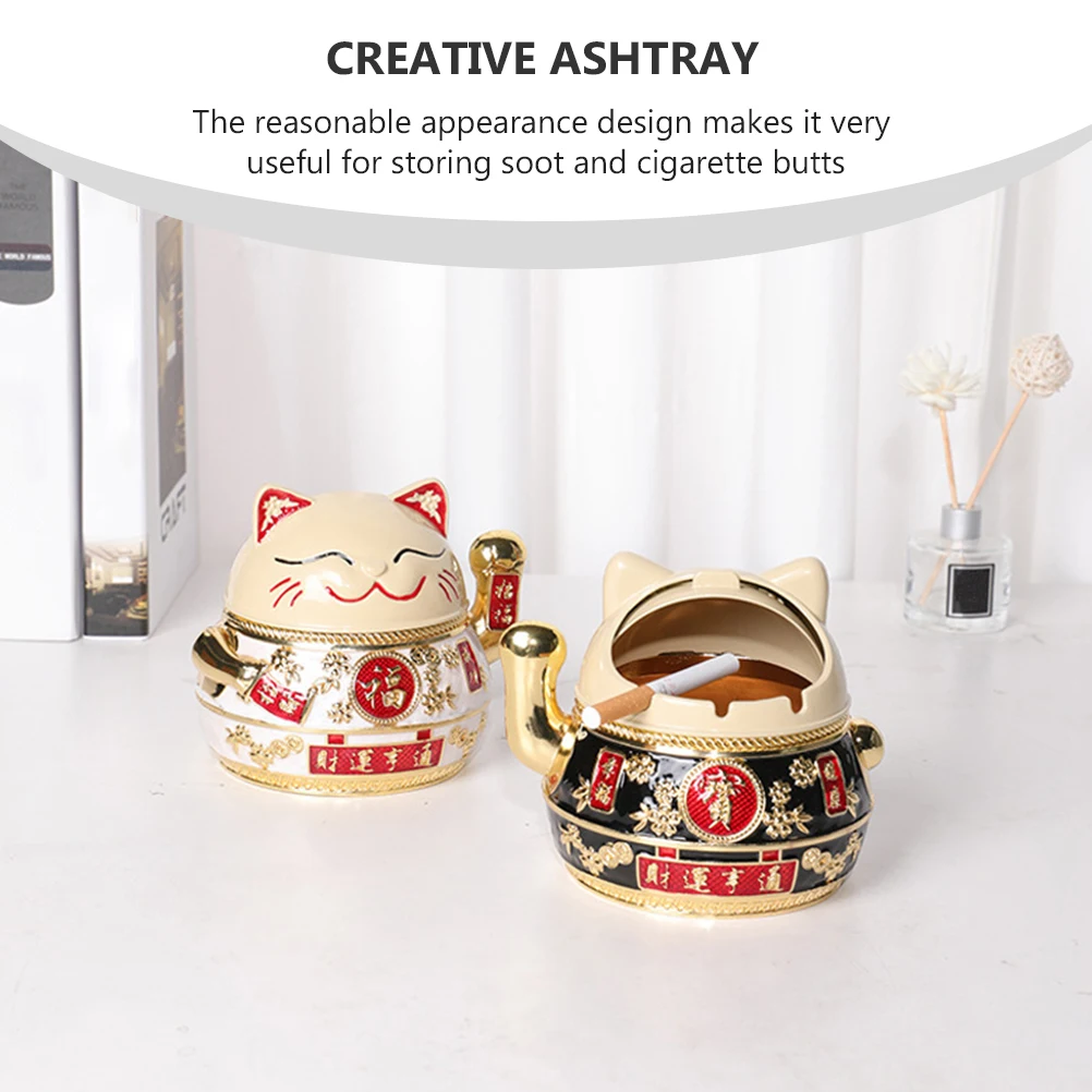 

Fortune Cat Ashtray Zinc Alloy White Decor Living Room Accessory Storage For Cigarette Butts Smoke Household