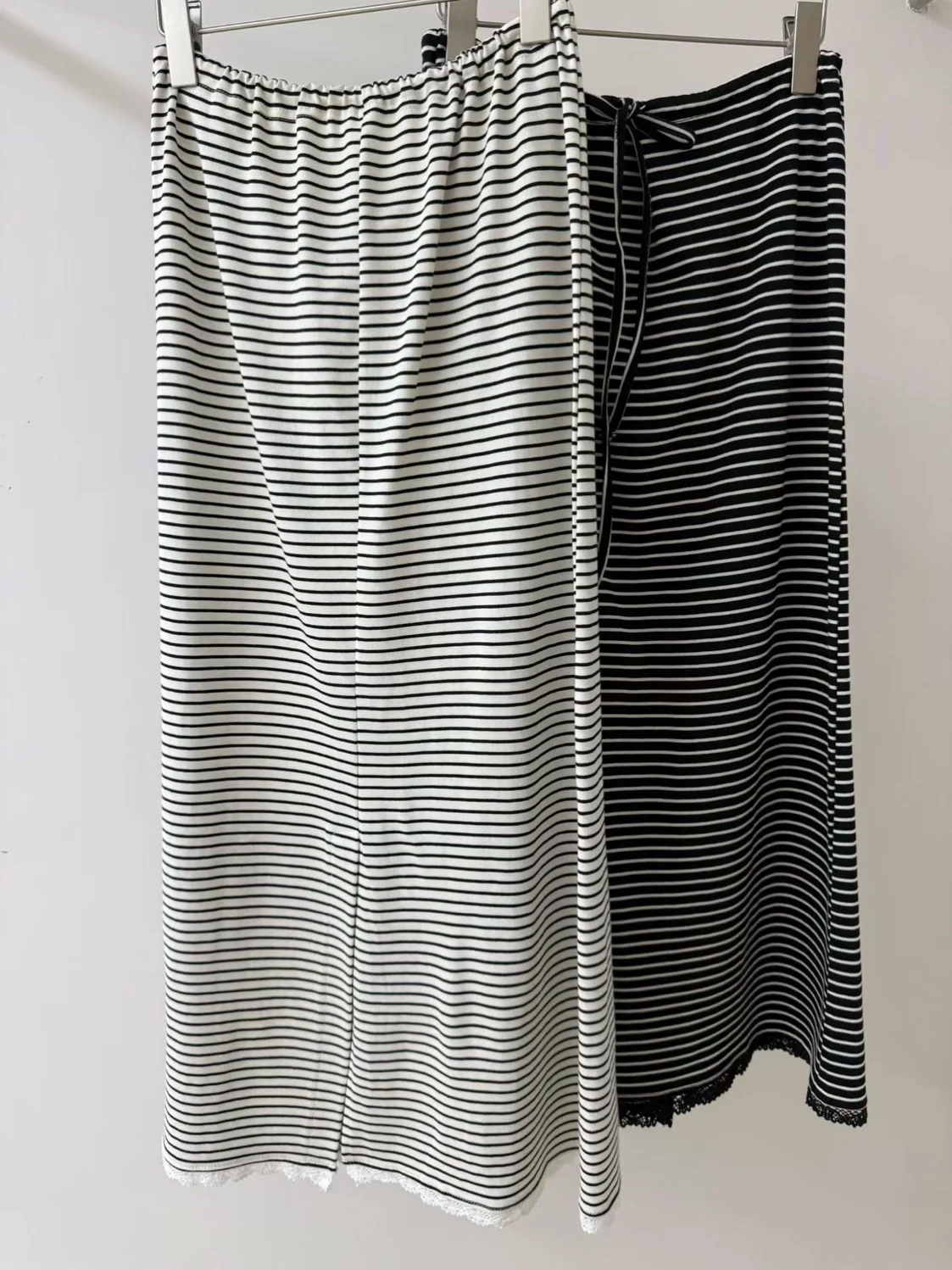 Lace Panel Back Split Casual Striped Drawstring A-Line Midi Skirt Women's Spring Loose Fit Polyester Fiber Elastic Waist